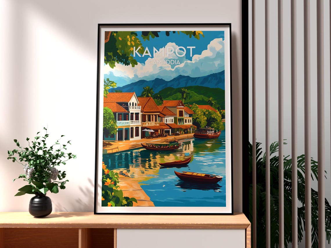 Kampot Cambodia Riverfront Shophouses Boats Mountains Travel Poster