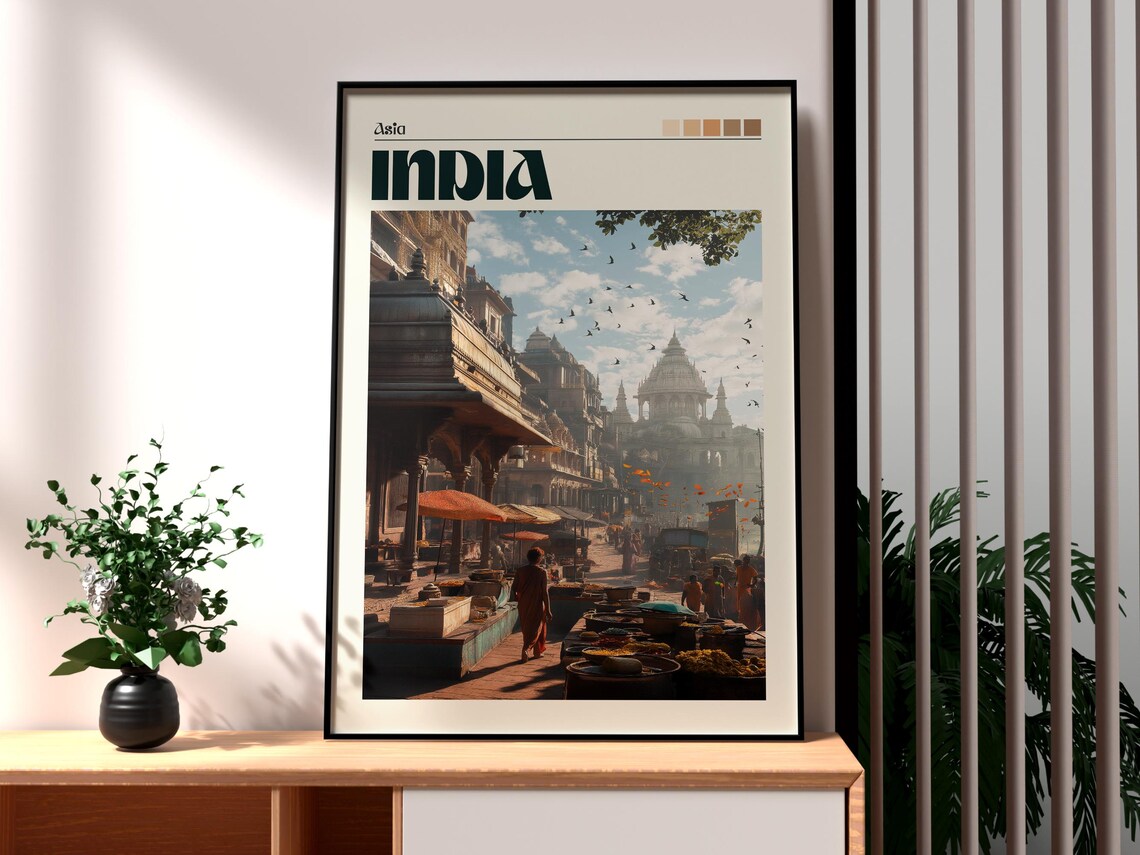 India Sacred Ghats Temples Morning Market Street Travel Poster