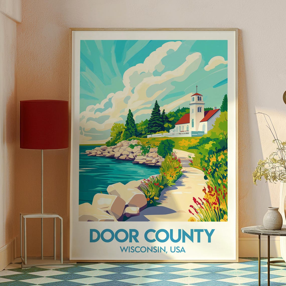 Door County Wisconsin USA Lakeside Chapel Shoreline Travel Poster - Image 2