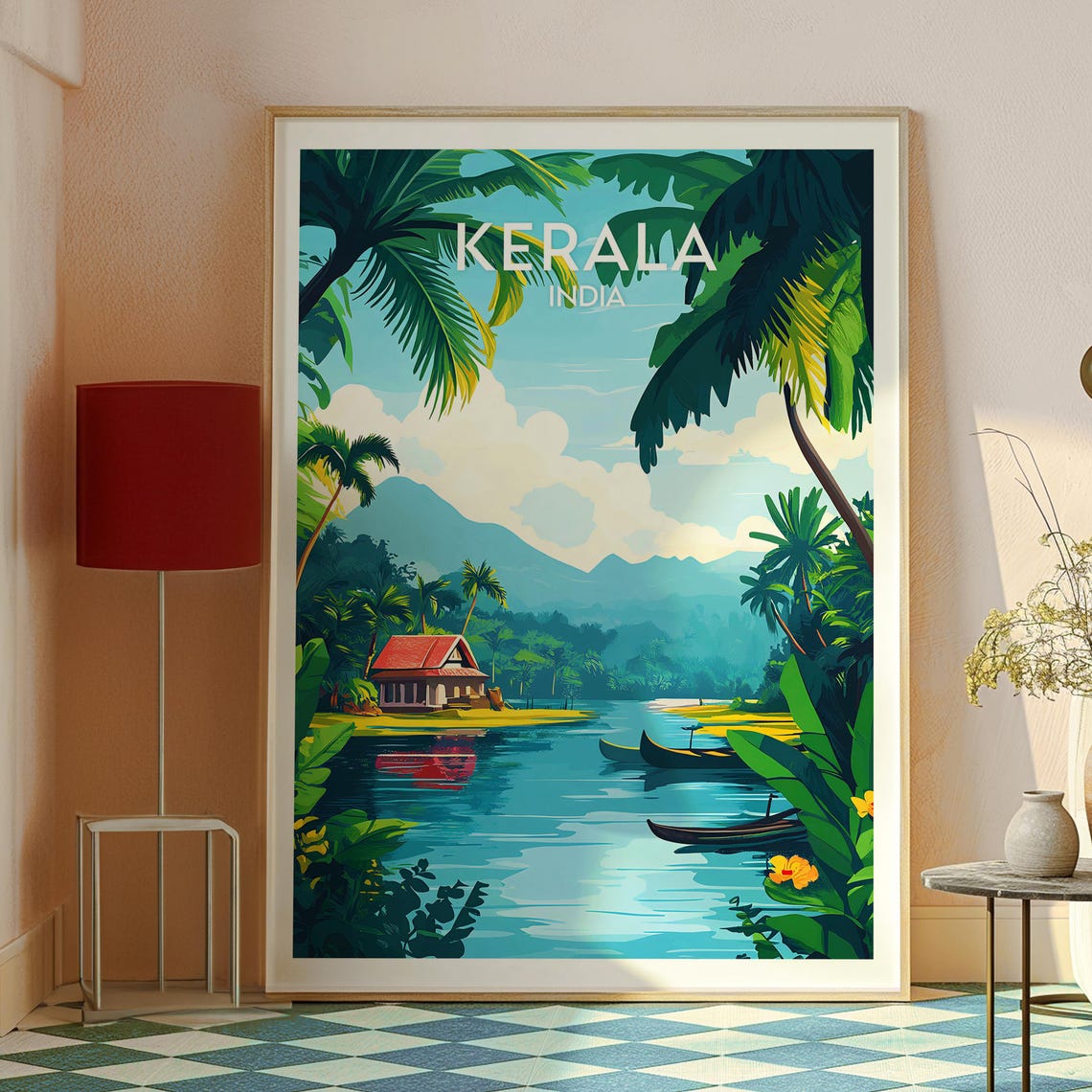 Kerala India Serene Backwaters Palm Houseboat Lagoon Travel Poster - Image 2