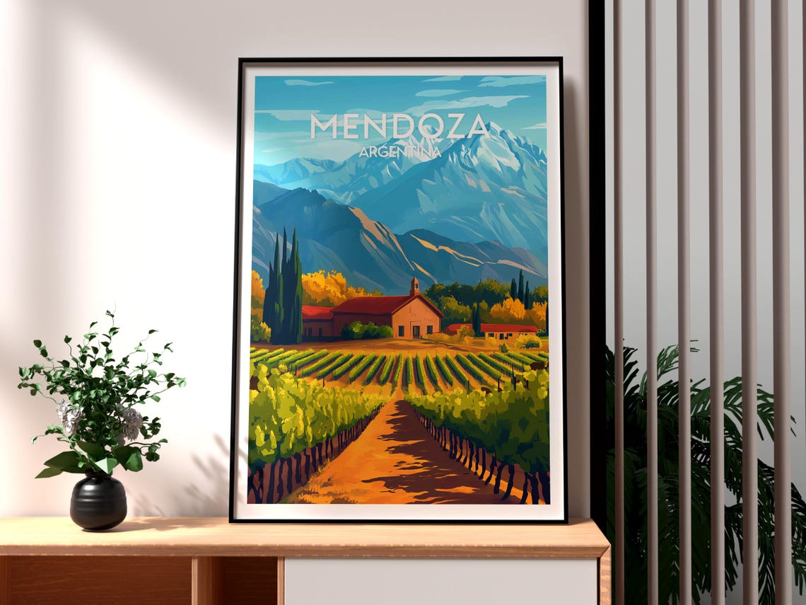 Mendoza Argentina Wine Valley Andes Mountain View Travel Poster