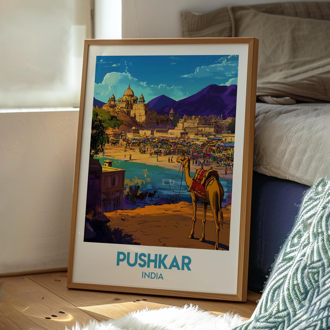 Pushkar India Camel Fair Lakeside Temple Retro Travel Poster - Image 3