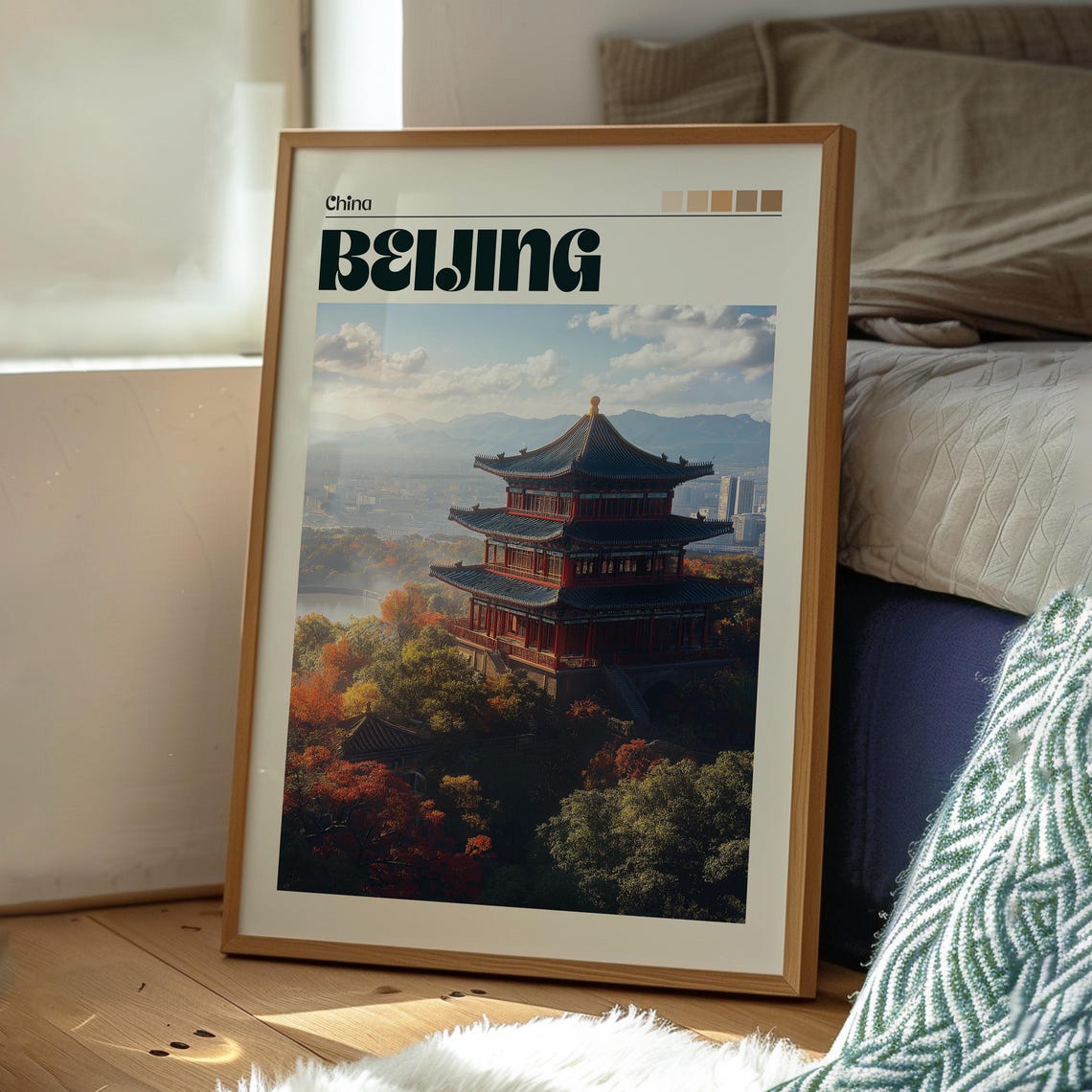 Beijing China Hilltop Temple Pagoda Autumn Skyline Travel Poster - Image 3