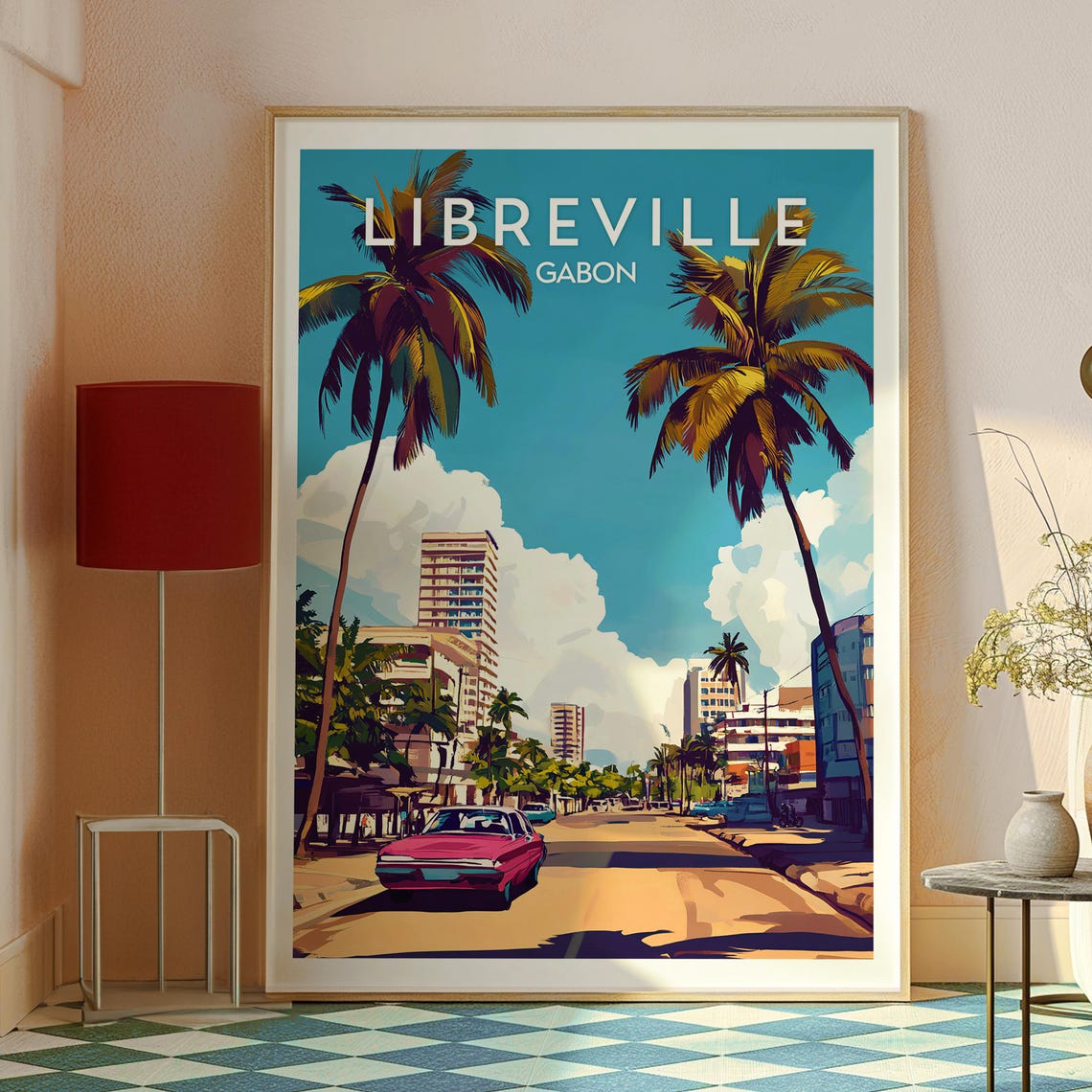 Libreville Gabon Retro Palm Street Classic Car Travel Poster - Image 2
