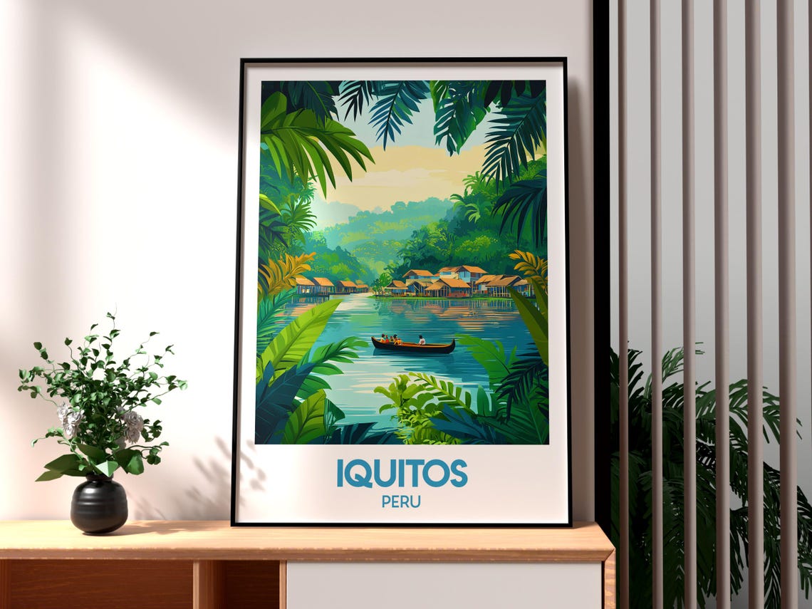 Iquitos Peru Tropical Amazon River Village Canoe and Jungle Poster