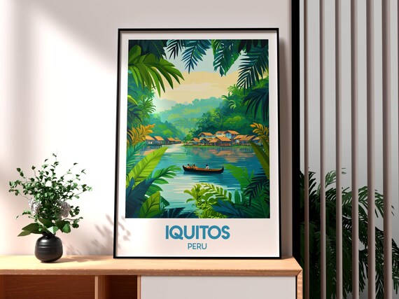 Iquitos Peru Tropical Amazon River Village Canoe and Jungle Poster
