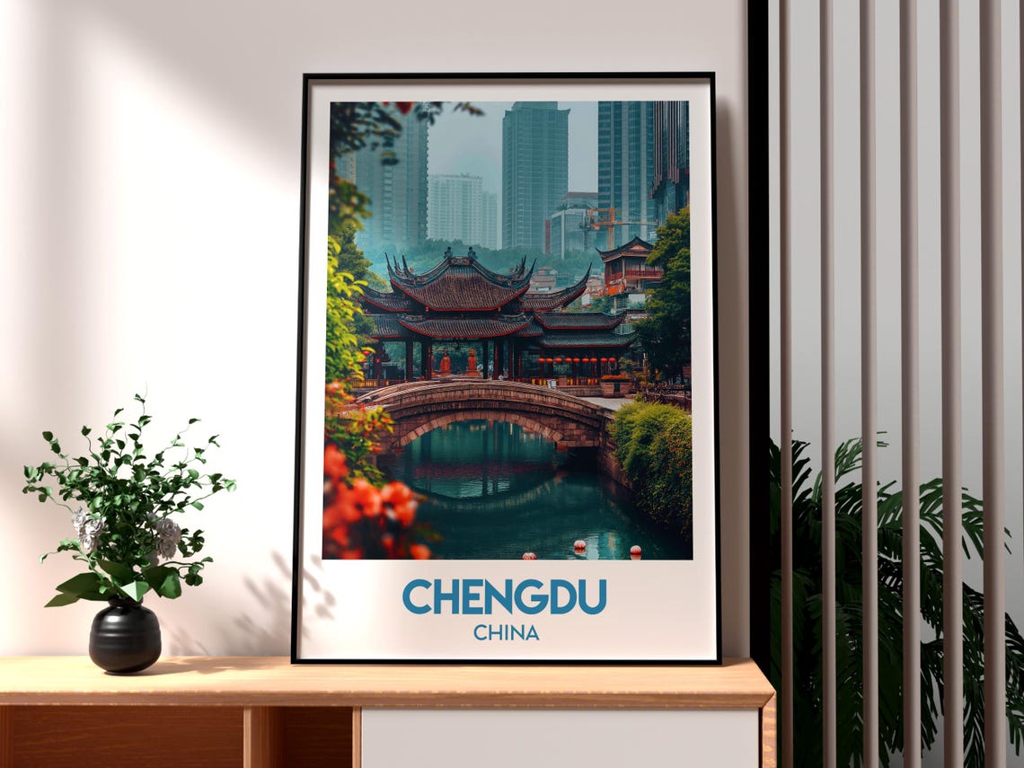 Chengdu China Traditional Temple Stone Bridge River View Poster