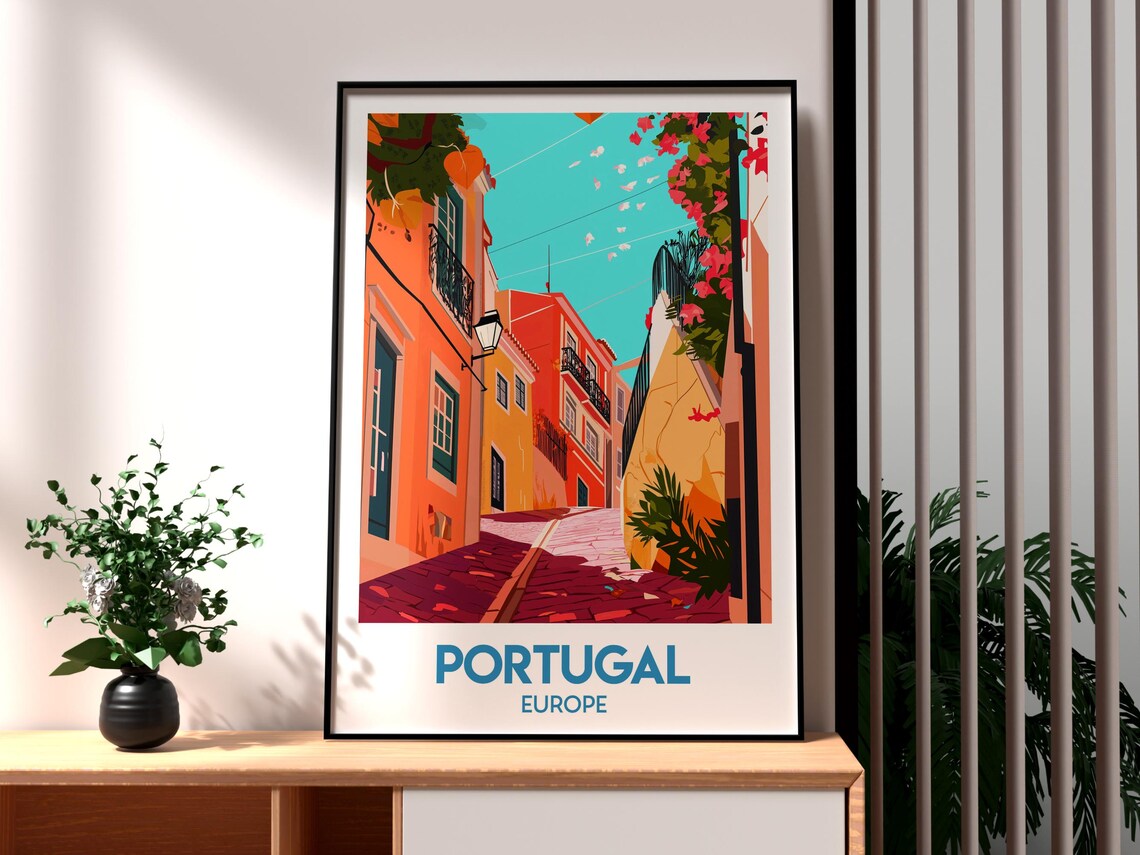 Portugal Europe Lisbon Style Old Town Street Colorful Travel Poster