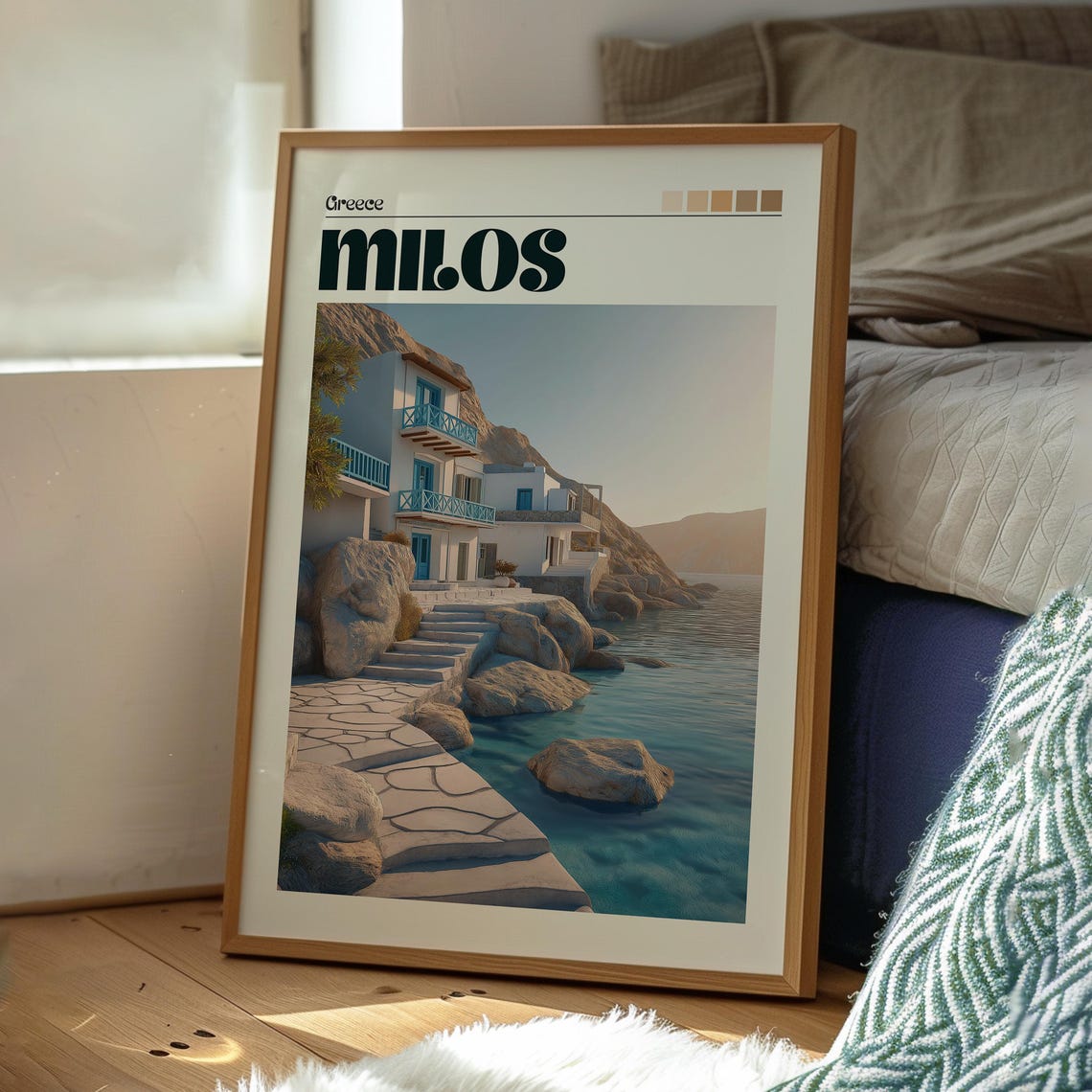 Milos Greece White Houses Blue Balconies Rocky Shore Travel Poster - Image 3