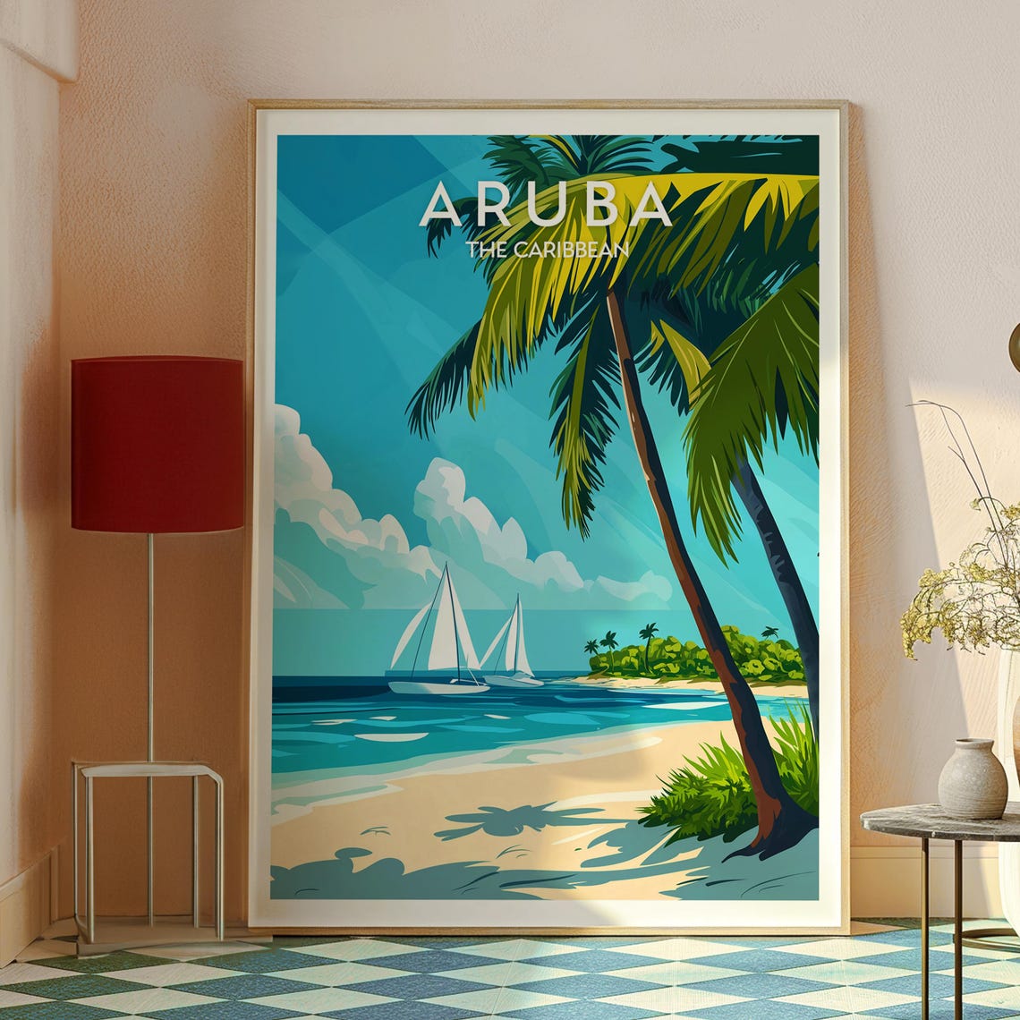 Aruba Caribbean Palm Beach Sailboat Tropical Illustration Poster - Image 2