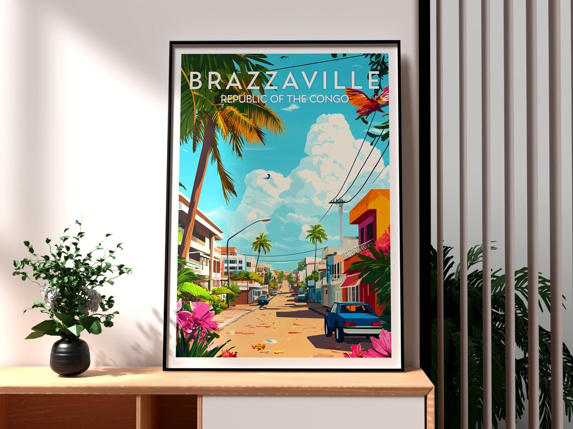 Brazzaville Republic of the Congo Tropical Street Palms Travel Poster