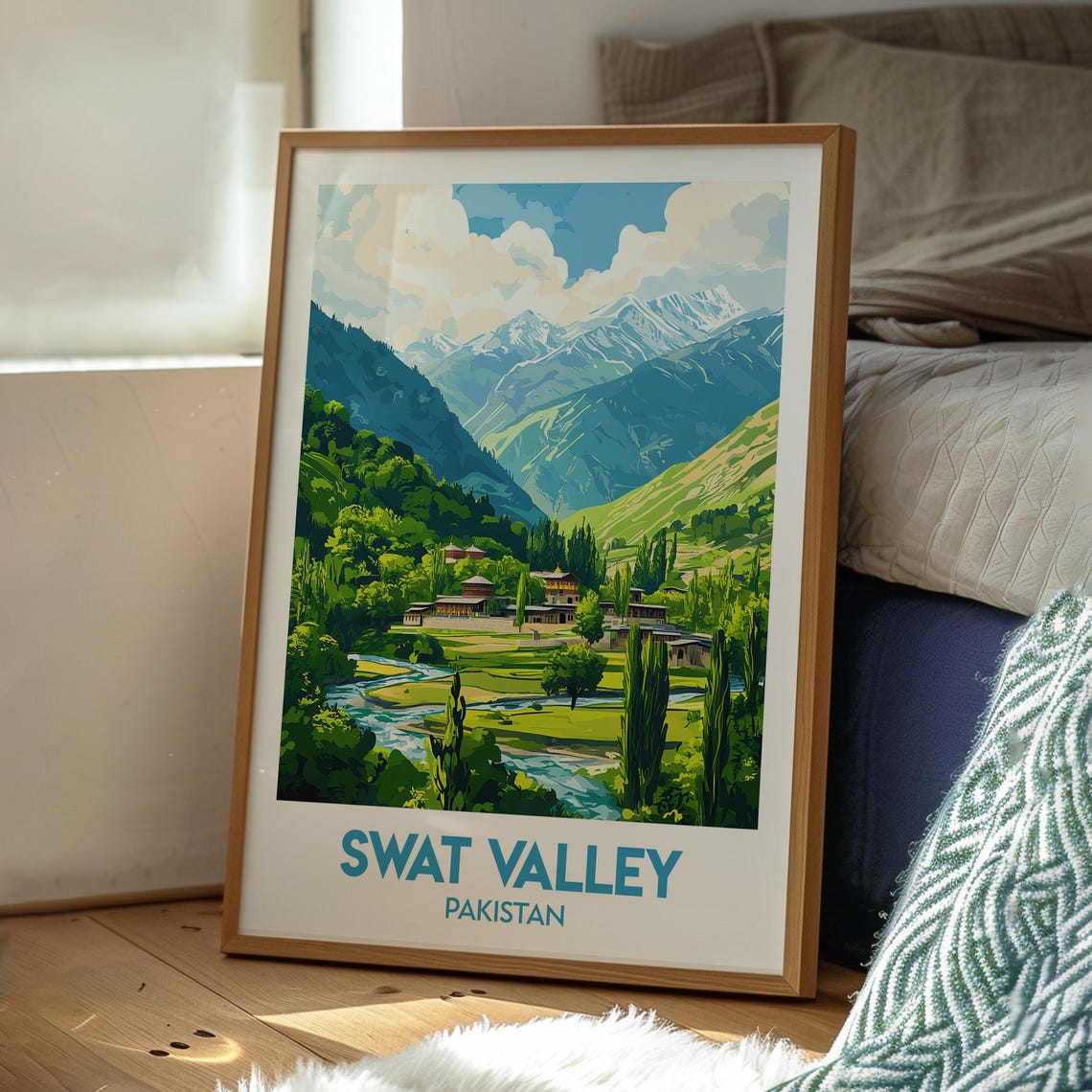Swat Valley Pakistan Alpine Village River Mountain Travel Poster - Image 3
