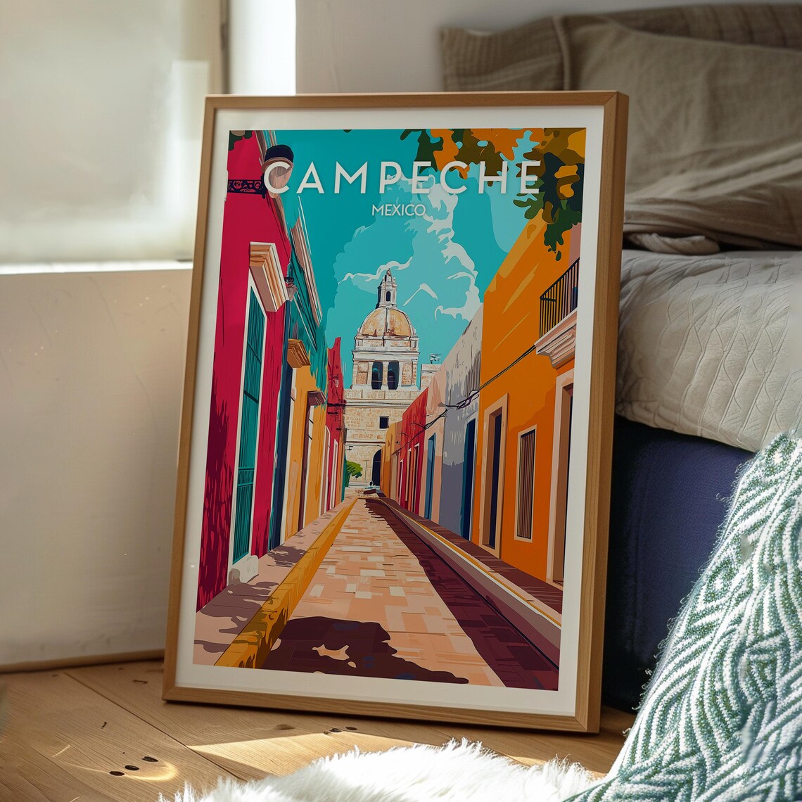 Campeche Mexico Colonial Street Domed Church City Travel Poster - Image 3