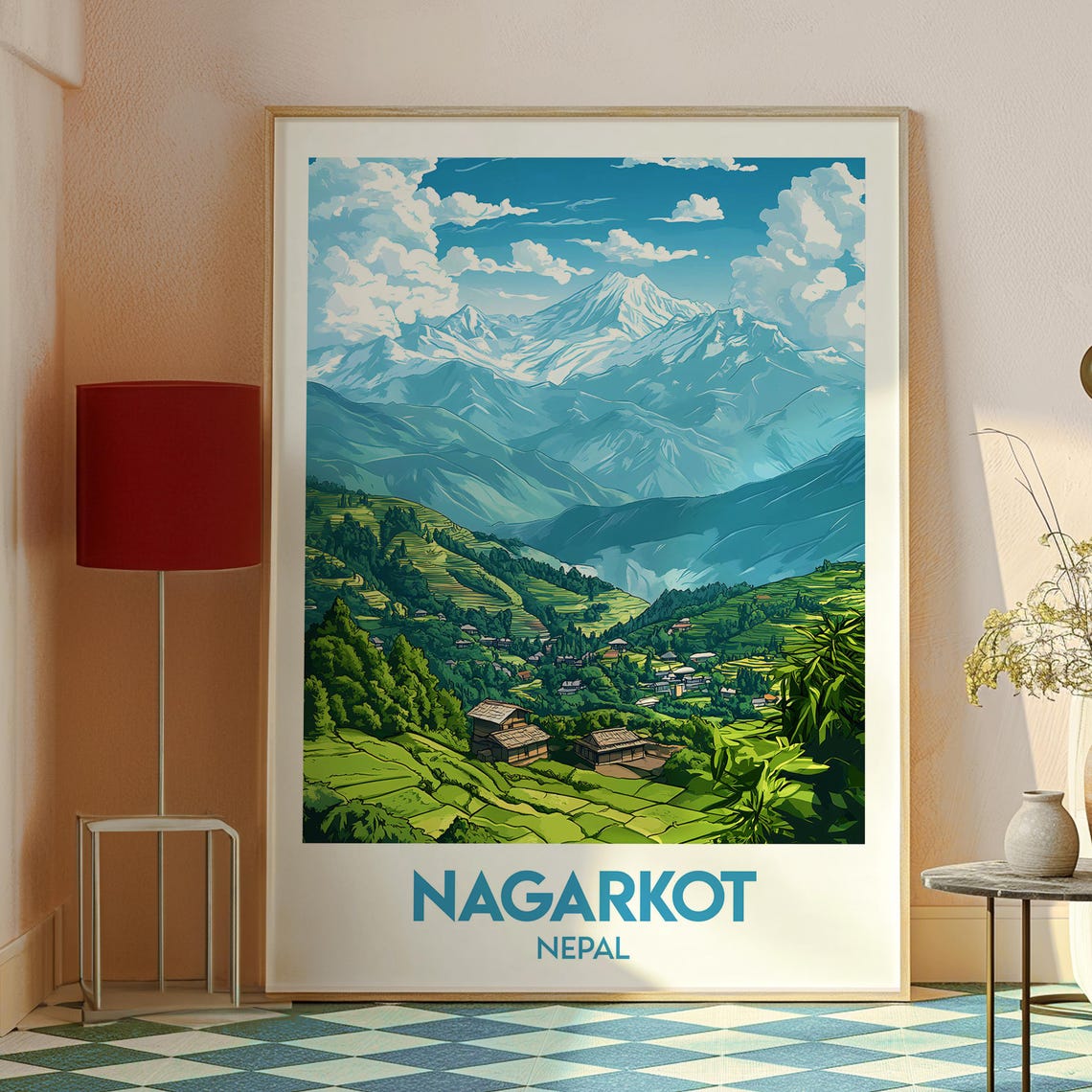 Nagarkot Nepal Terraced Hills Snow Peaks Retro Travel Poster - Image 2
