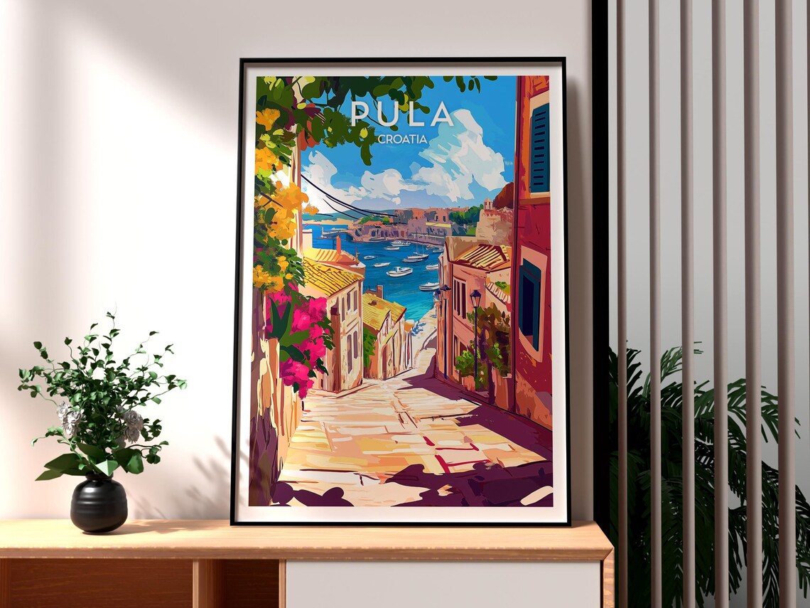 Pula Croatia Harbor Street Boats Adriatic Coastal Travel Poster