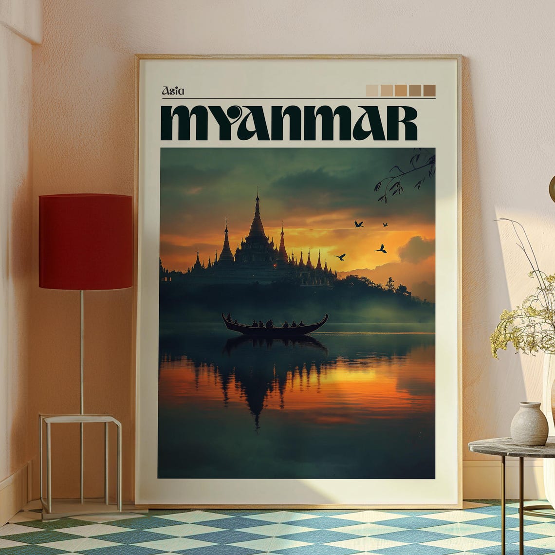 Myanmar Asia Temple Sunset Boat River Silhouette Travel Poster - Image 2