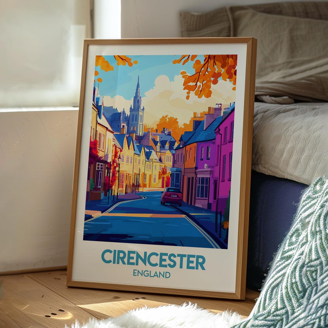 Cirencester England Cotswold Street Autumn Spire Travel Poster - Image 3