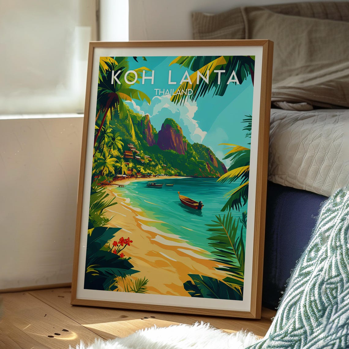 Koh Lanta Thailand Tropical Beach Longtail Boat Cliffs Poster - Image 3