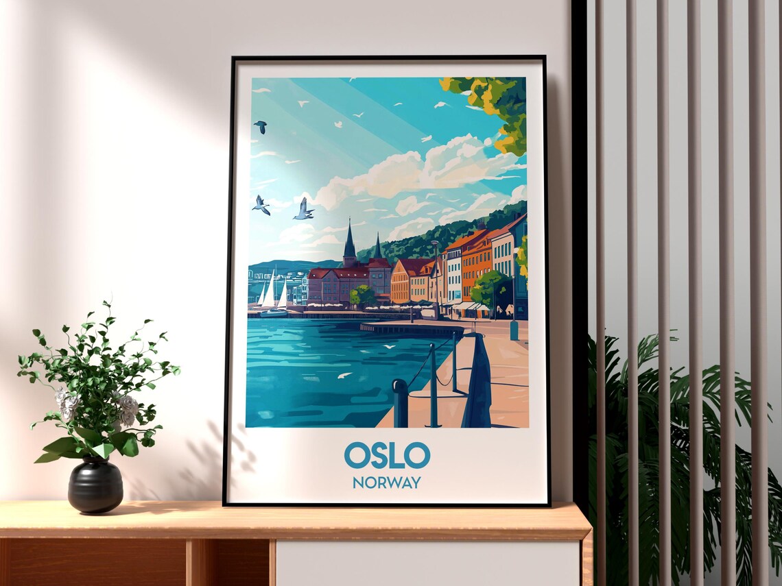 Oslo Norway Sunny Harbor Waterfront Boats and Seagulls Poster