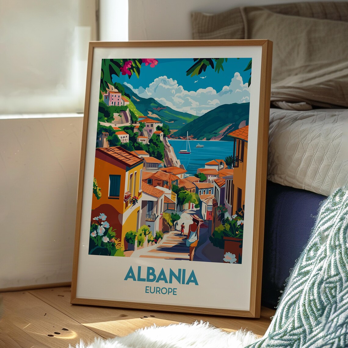 Albania Europe Coastal Village Street Sailboat Harbor Travel Poster - Image 3