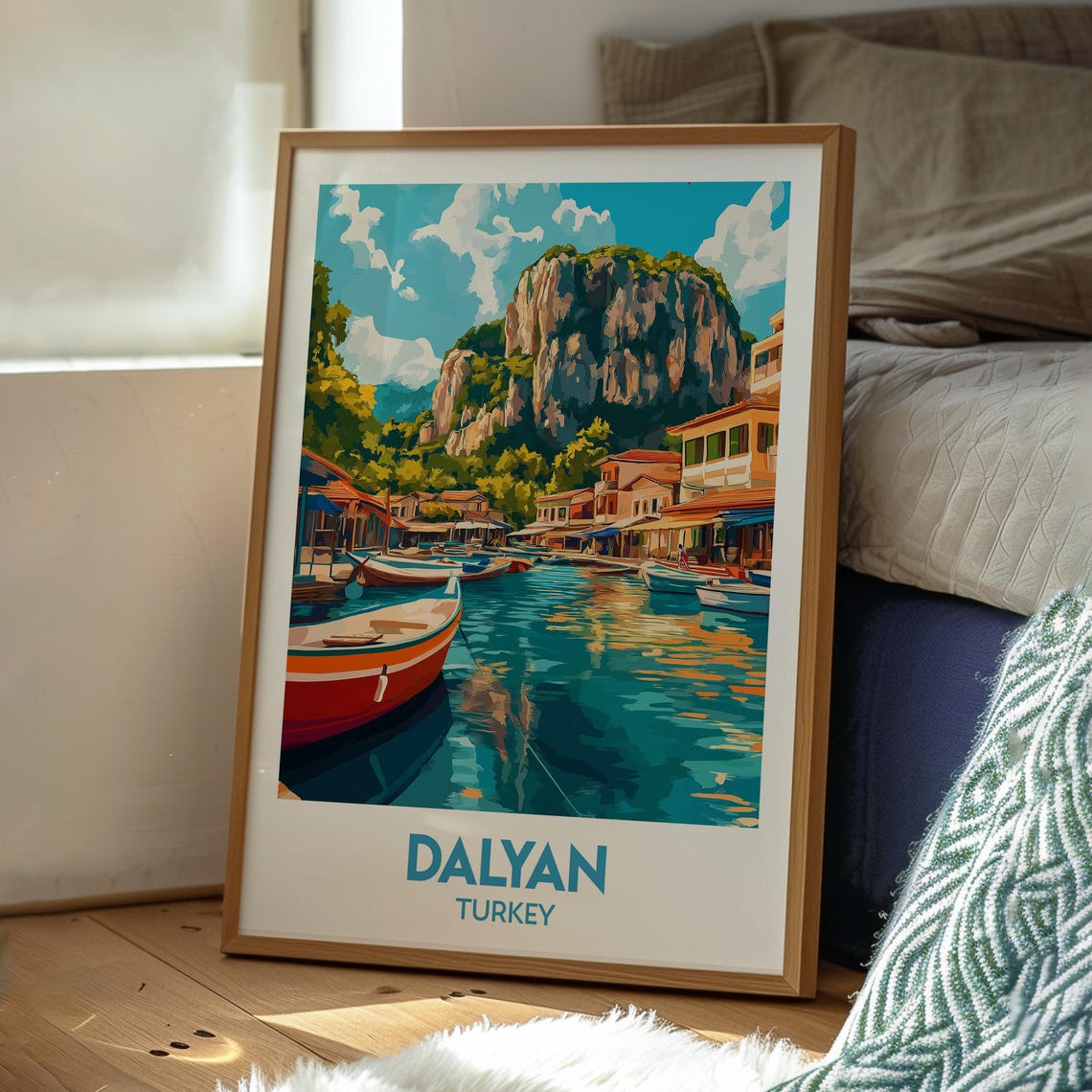 Retro Dalyan Turkey River Harbor Boats Cliffs Coastal Travel Poster - Image 3