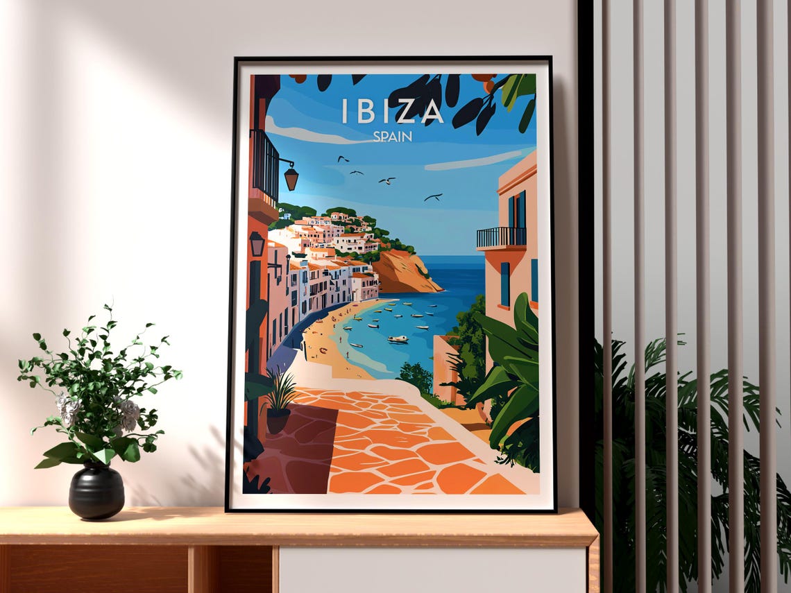 Ibiza Spain Coastal Town Beach Cove Cobbled Lane Travel Poster