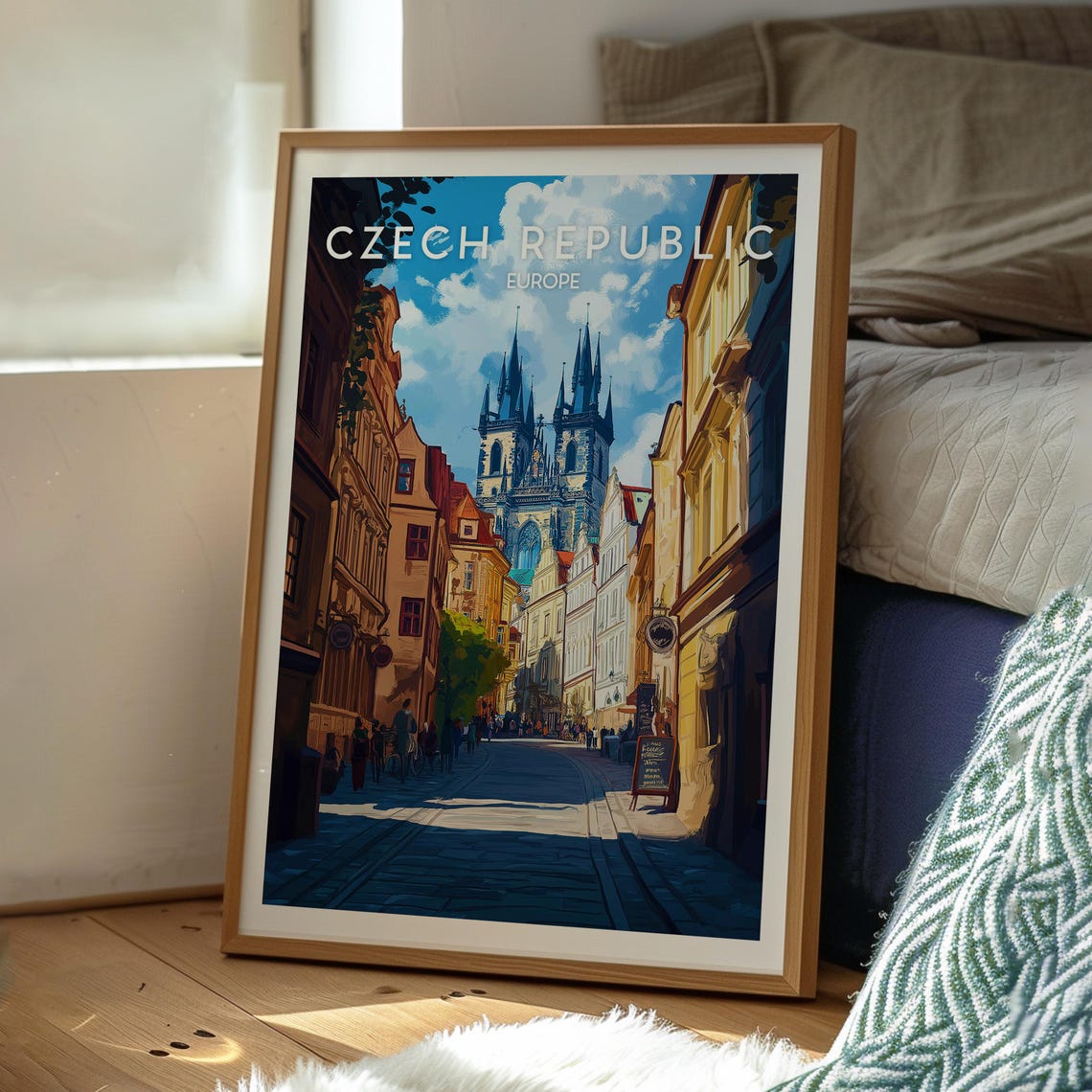 Czech Republic Old Town Gothic Twin Spire Church Street Travel Poster - Image 3