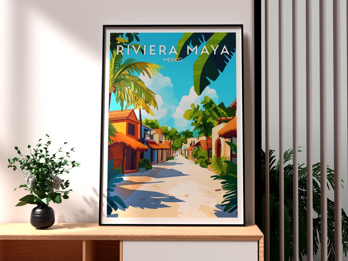 Riviera Maya Mexico Caribbean Village Lane Palm Tree Art Poster