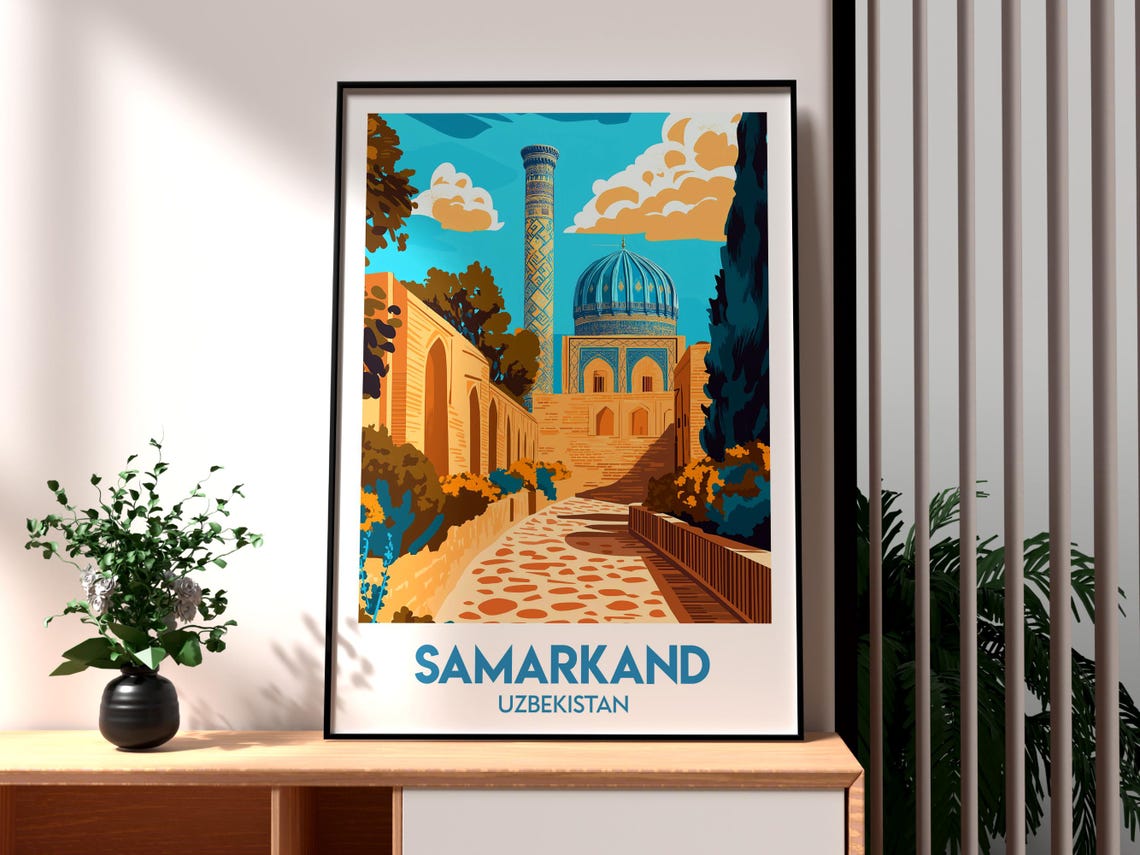 Samarkand Uzbekistan Blue Dome Mosque Courtyard Retro Travel Poster