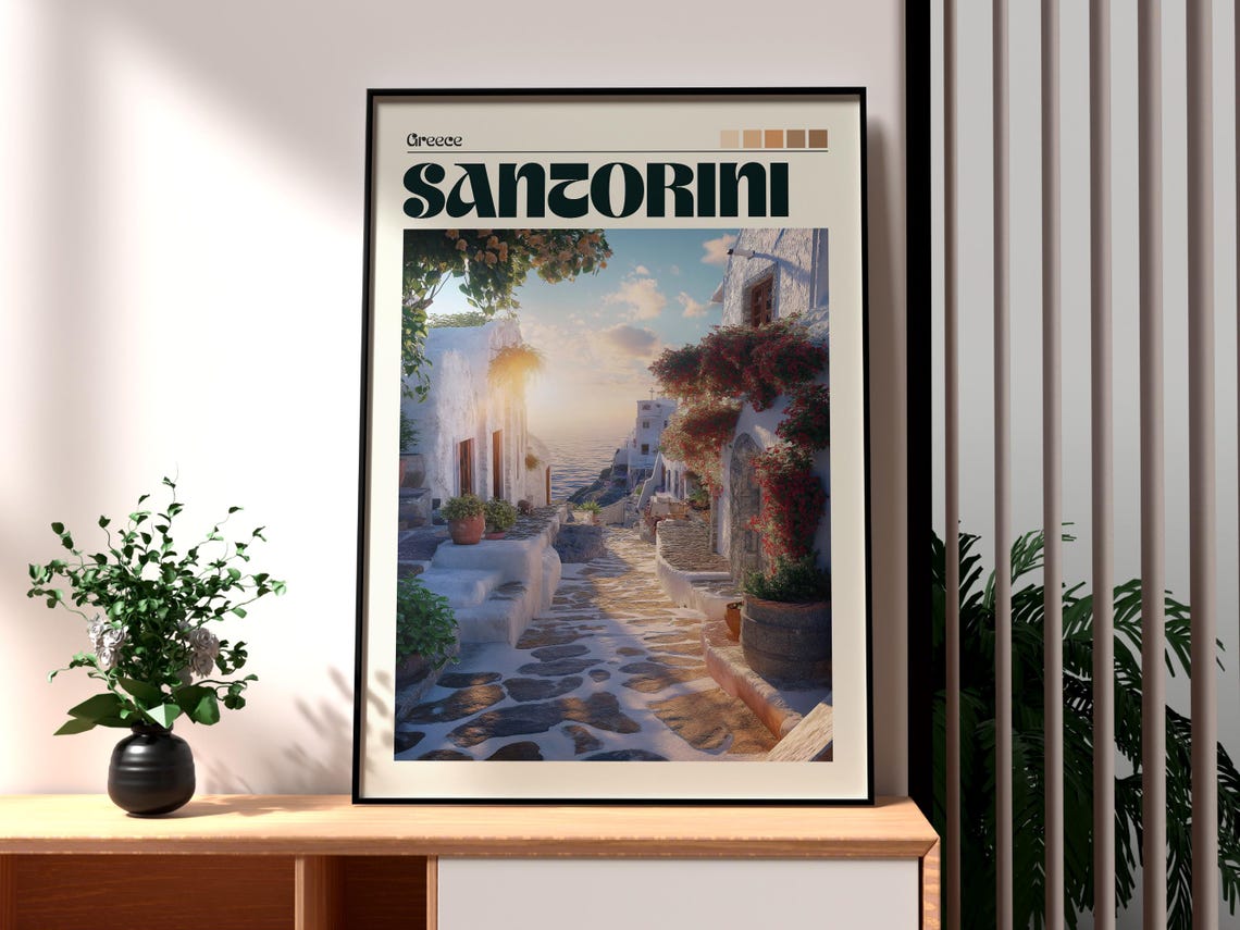 Santorini Greece Whitewashed Alley Aegean Sunset Vintage Travel Poster