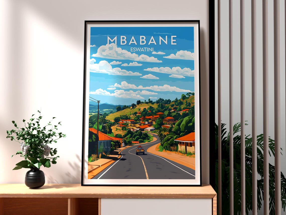 Mbabane Eswatini Red Roofs Hillside Town Travel Scene Poster