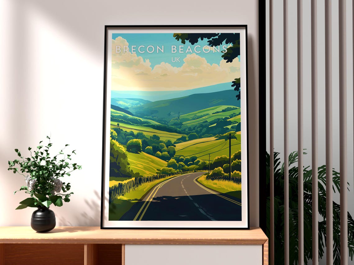 Brecon Beacons Wales Rolling Lush Green Hills Road Travel Poster