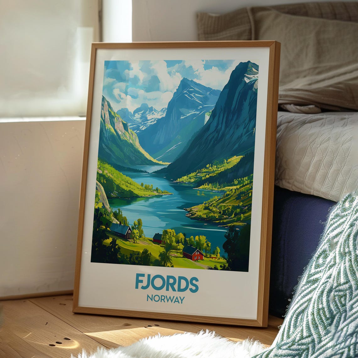 Fjords Norway Mountain Lake Valley Red Cabins Nature Travel Poster - Image 3