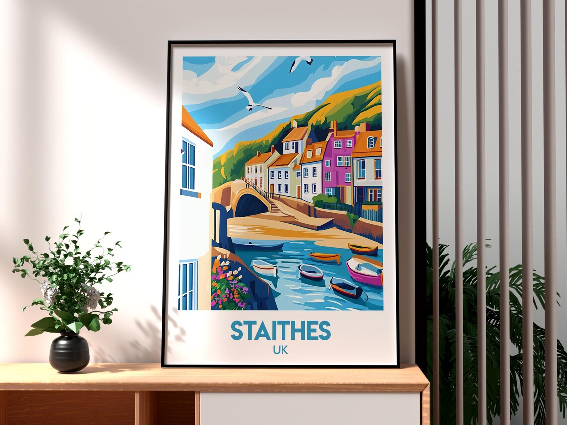 Staithes UK Fishing Village Colorful Harbor Boats Travel Poster