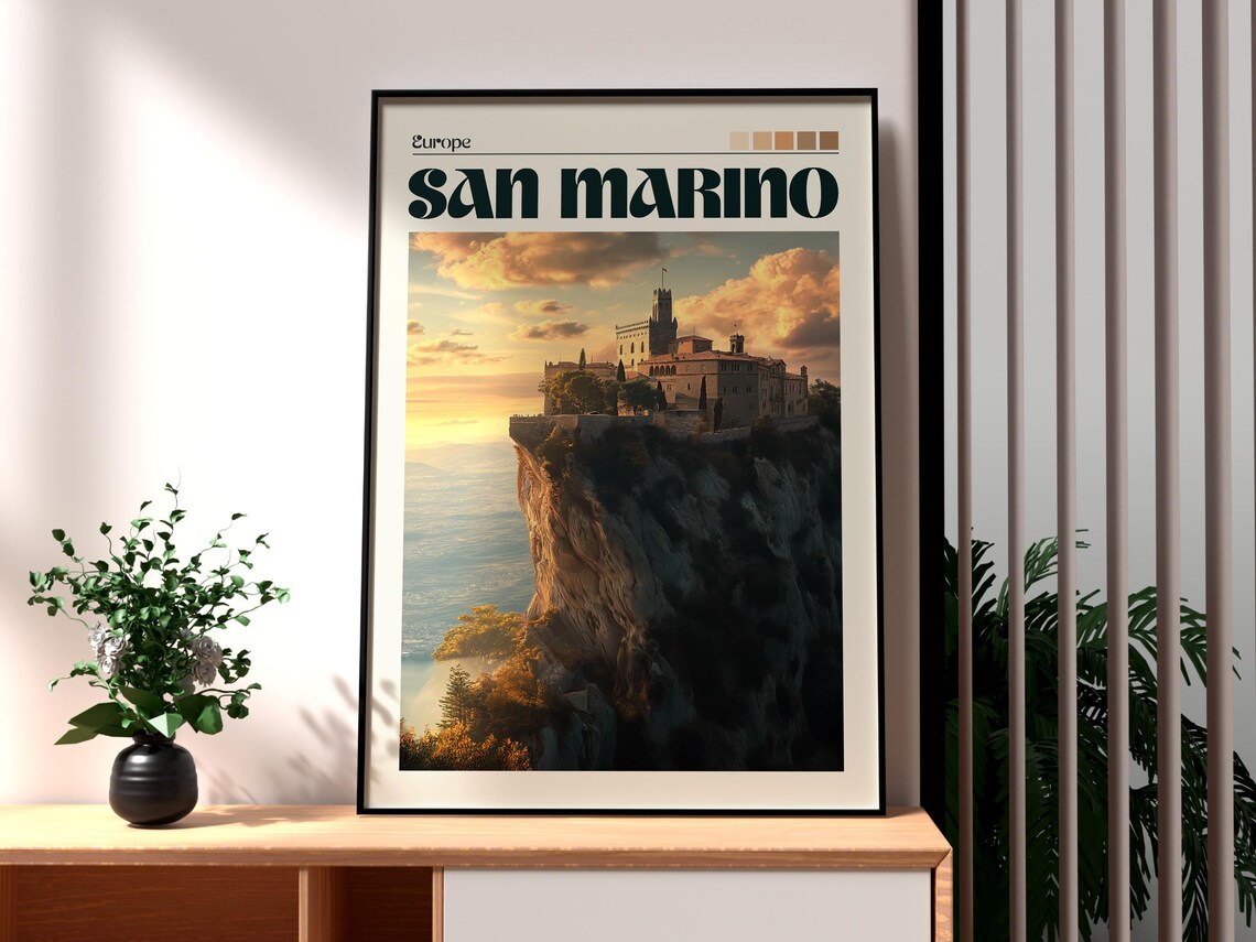 San Marino Europe Cliff Fortress Sunset Towers Vintage Travel Poster