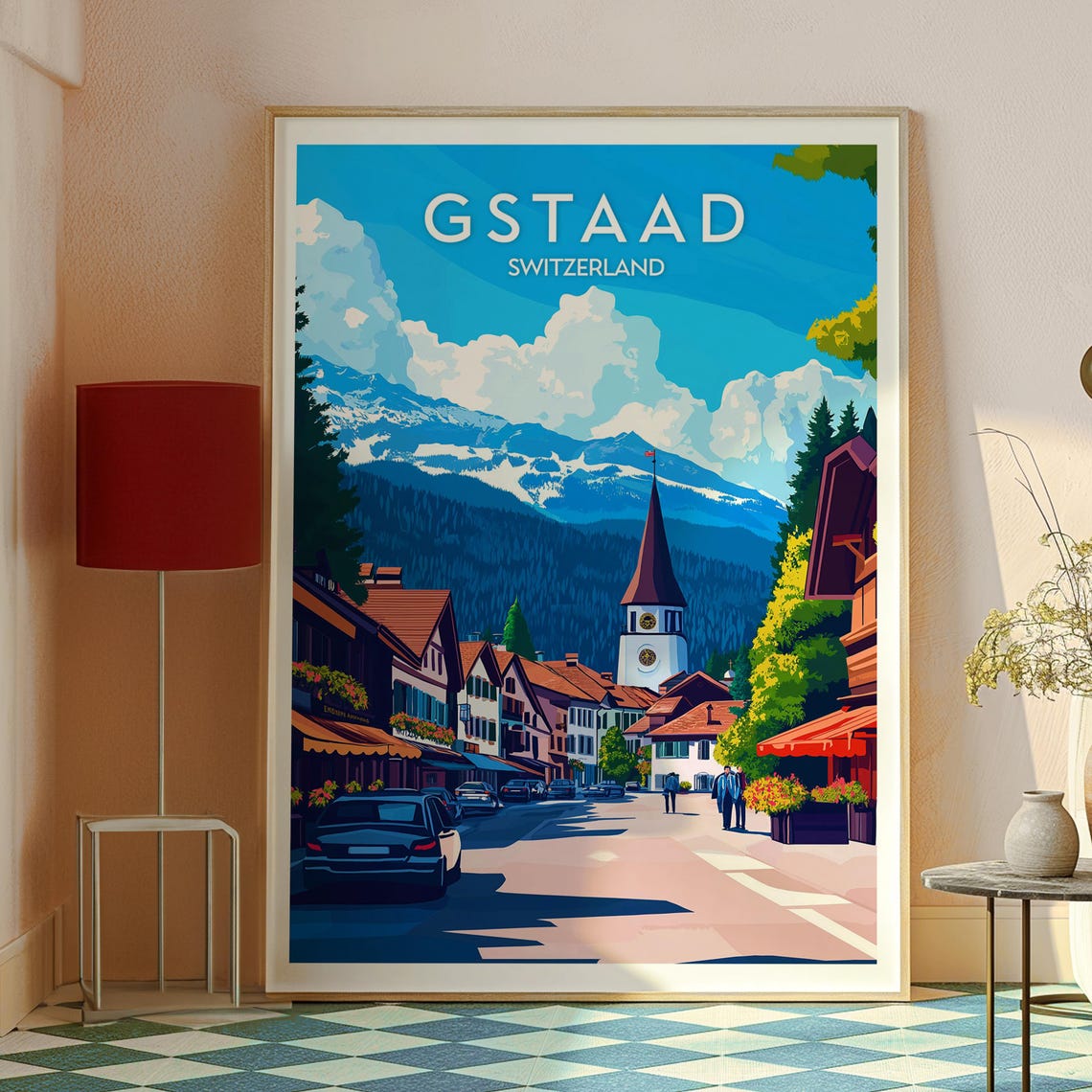 Gstaad Switzerland Alpine Main Street Church Peak Vintage Art Poster - Image 2