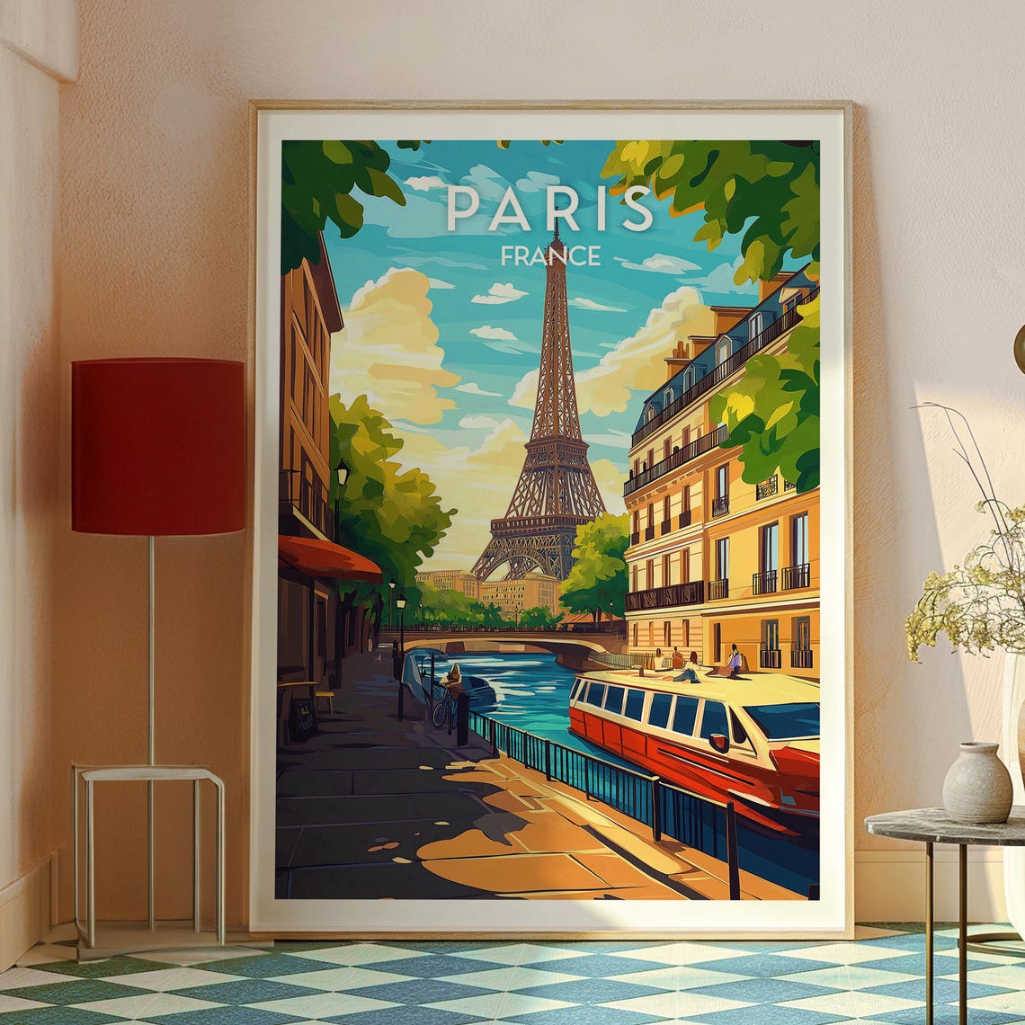 Paris France Eiffel Tower Canal Boat Golden Evening Scene Poster - Image 2