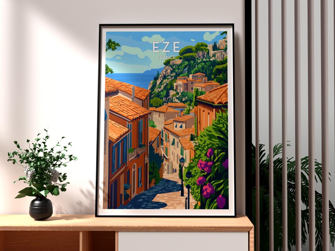 Eze France Medieval Hill Village Terracotta Roofs Sea Travel Poster