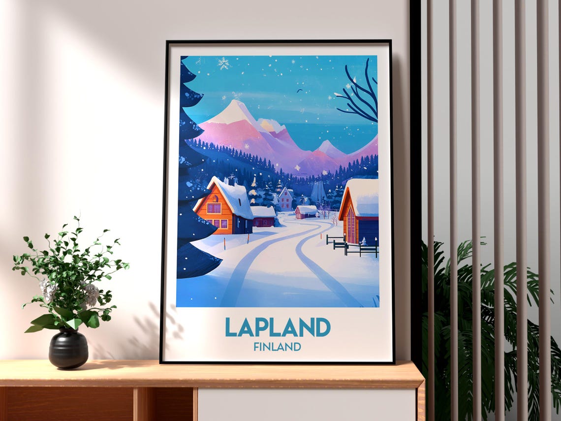 Lapland Finland Snowy Village Winter Wonderland Travel Poster