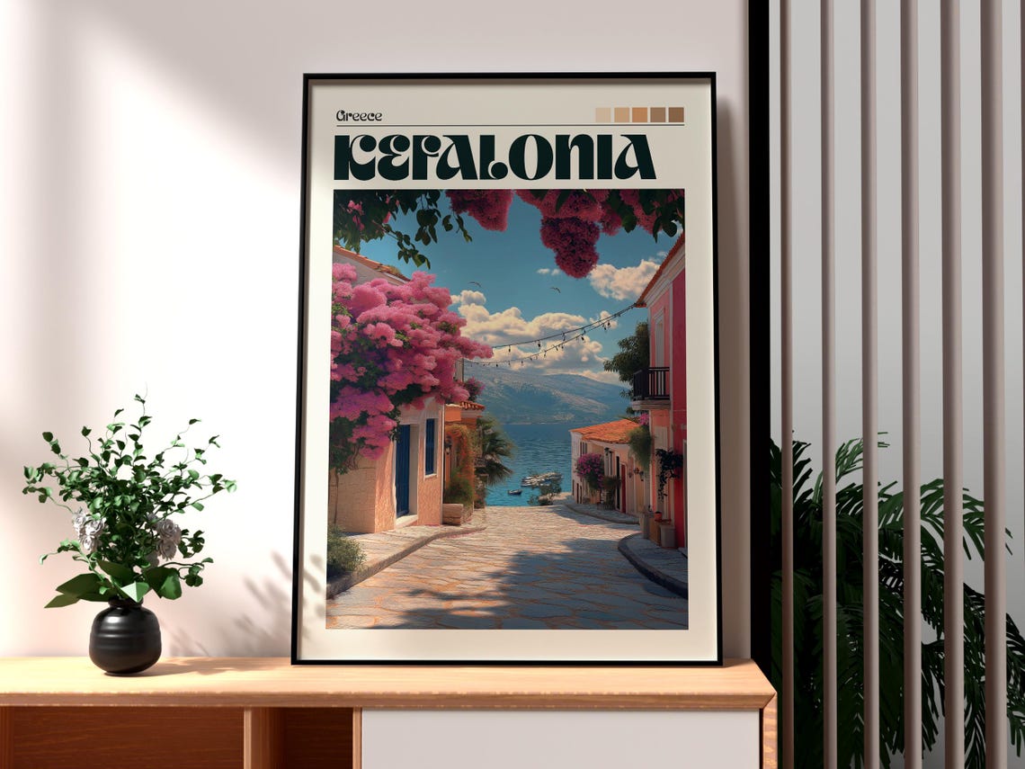 Kefalonia Greece Bougainvillea Lane Seaside Vintage Travel Poster