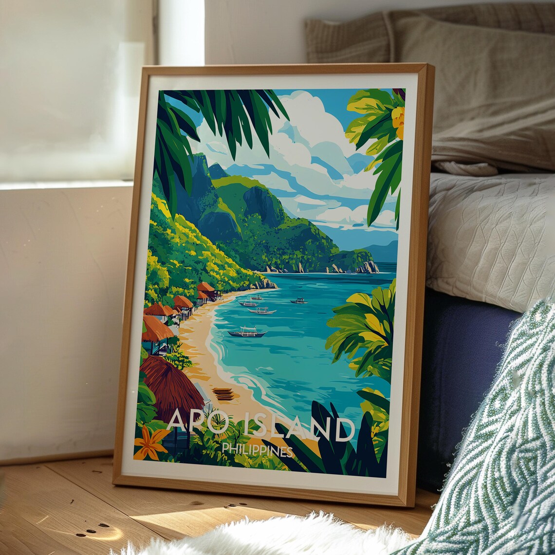 Apo Island Philippines Tropical Beach Boats Cliff Bay Travel Poster - Image 3