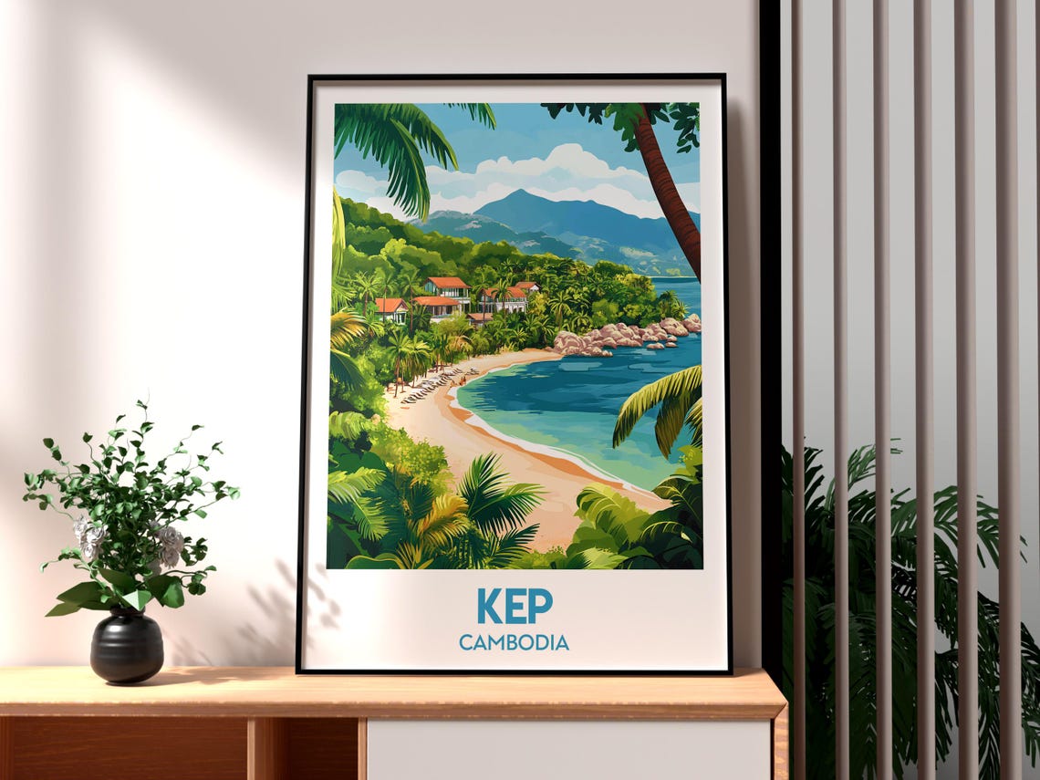 Kep Cambodia Tropical Beach Coast Palm Tree Vintage Travel Art Poster