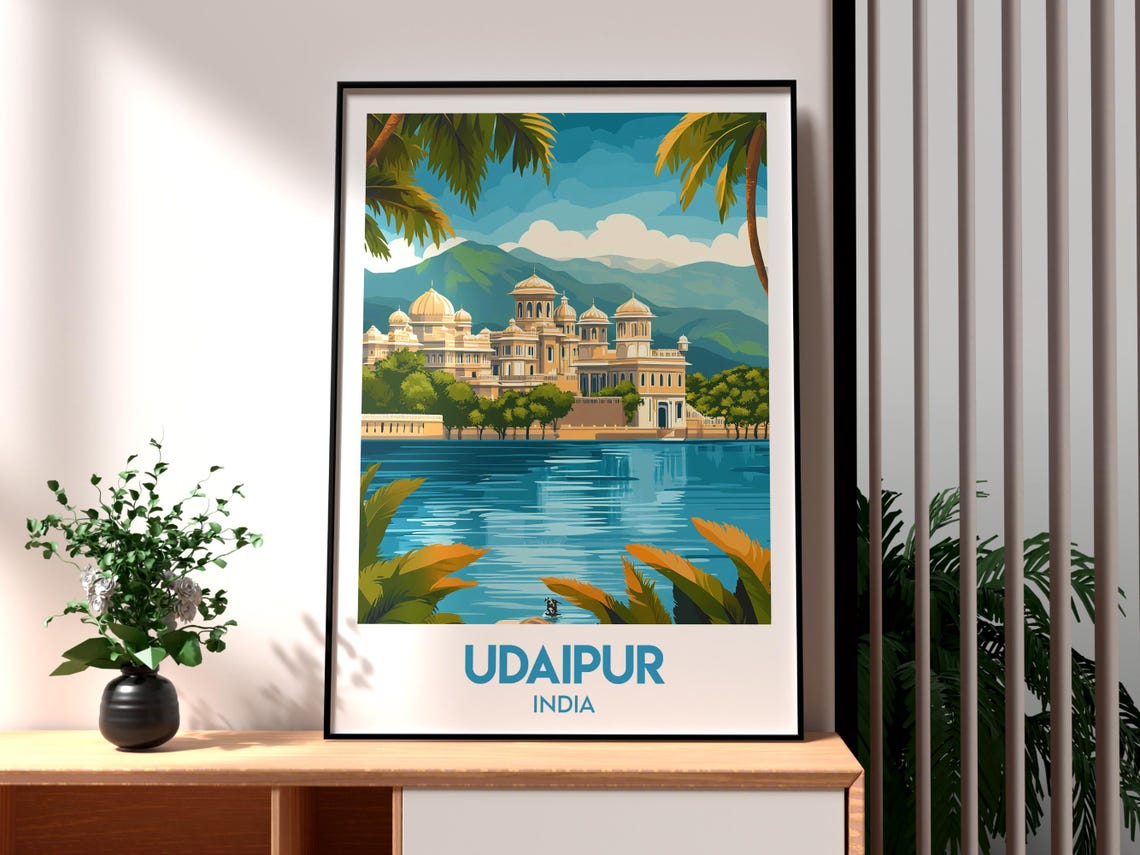 Udaipur India Lakeside Palace Lake Pichola Palms Travel Poster