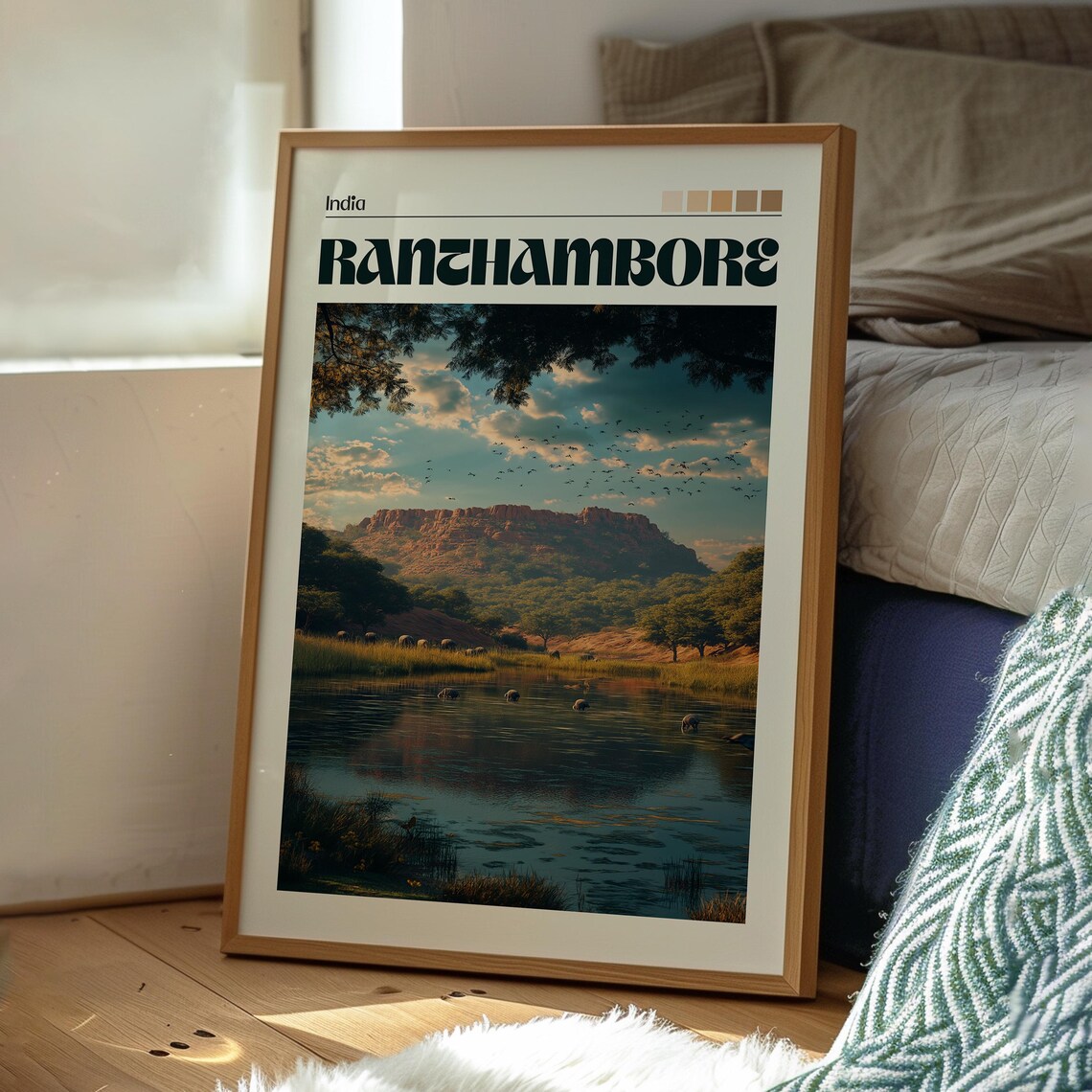 Ranthambore India Wildlife Lake Deer Scenic Retro Travel Poster - Image 3