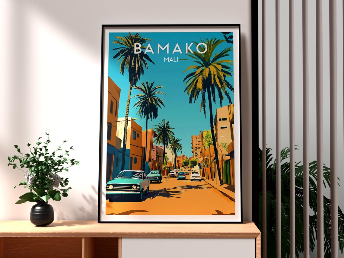 Bamako Mali Palm Lined Street Cityscape Retro Travel Art Poster