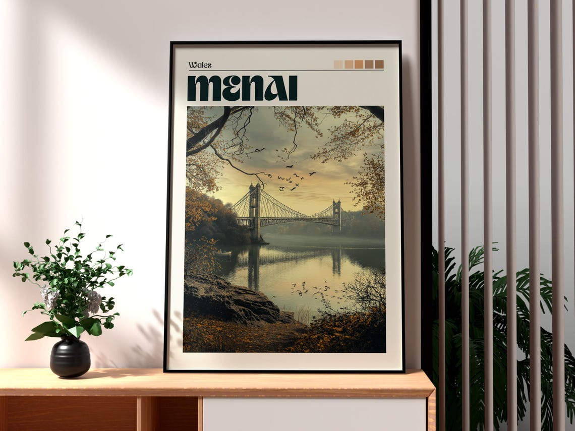 Menai Wales Suspension Bridge Strait Sunset Birds Art Poster