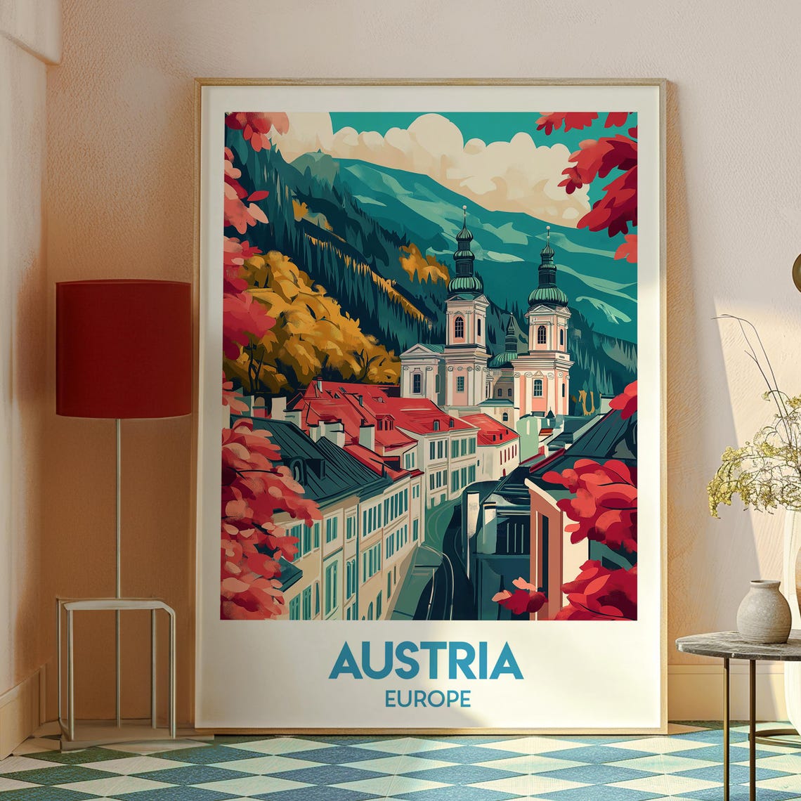 Austria Alpine Town Church Towers Mountain View Travel Poster - Image 2