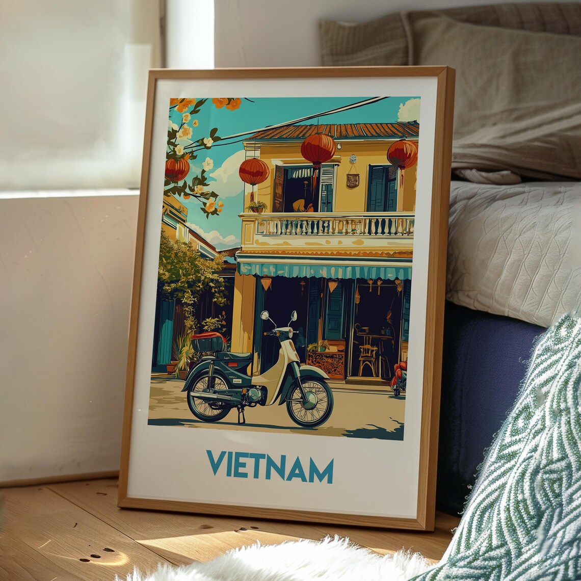 Vietnam Old Town Street Red Lanterns Motorbike Scene Travel Poster - Image 3