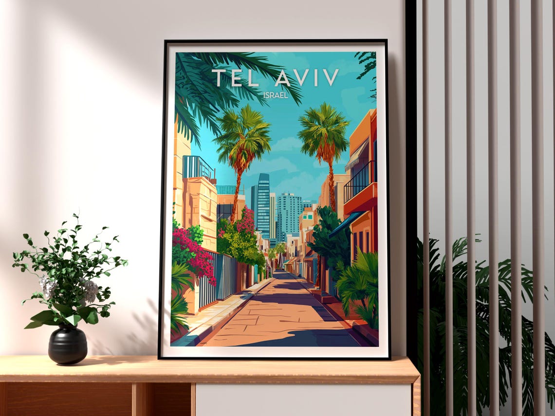 Tel Aviv Israel Palm Lined Street Skyline Vintage Travel Poster