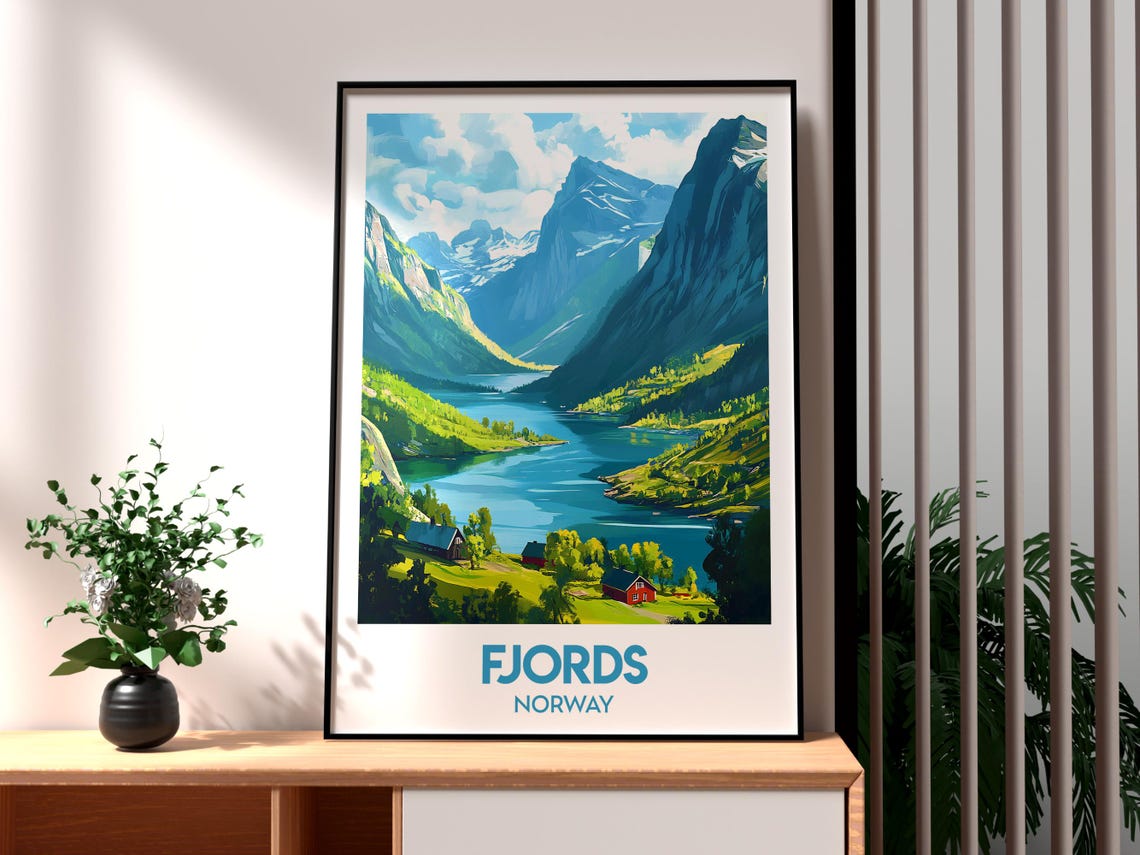 Fjords Norway Mountain Lake Valley Red Cabins Nature Travel Poster